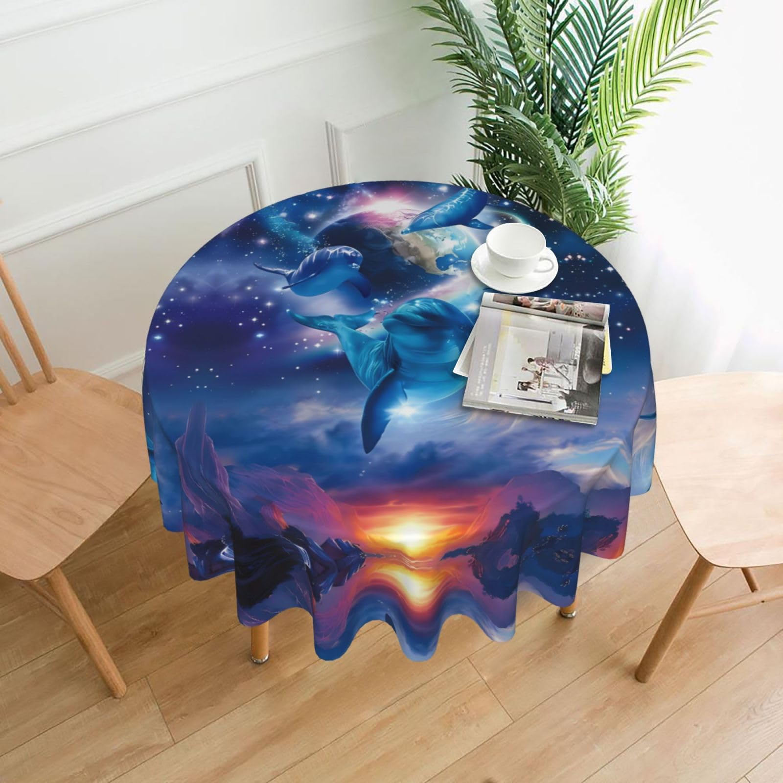 WHJSHOP Galaxy Dolphins Prints Round Table Throw 60 Inch – Waterproof Table Cover for Dining, Coffee Tables, Parties & More - Soft, Wrinkle-Resistant Table Layer