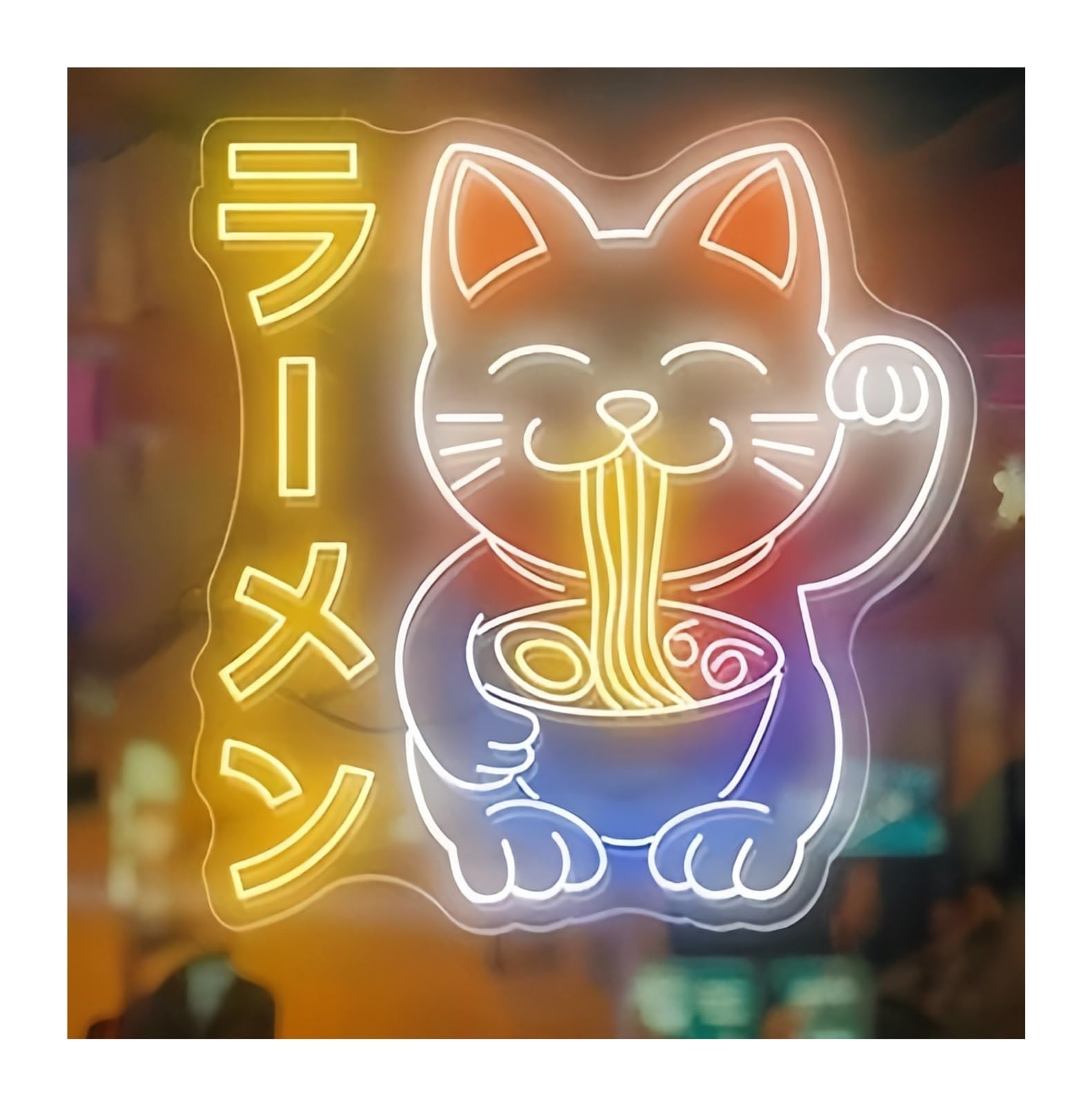 Shouxi B Sign Lamp Lucky Cat Eating Ramen Neon Sign Restaurant Kitchen Wall Decor Shop Signage Cat Ramen Noodles 60X63cm(B)