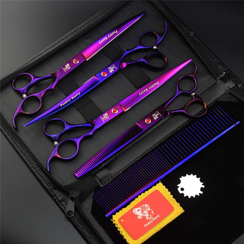 8 inches Professional Pet Grooming Hairdressing Scissors Set,4 Pieces Stainless Steel Professional PET DOG Cat Home Grooming Scissors Suit Cutting Curved Thinning Scissors/Comb for (Purple)