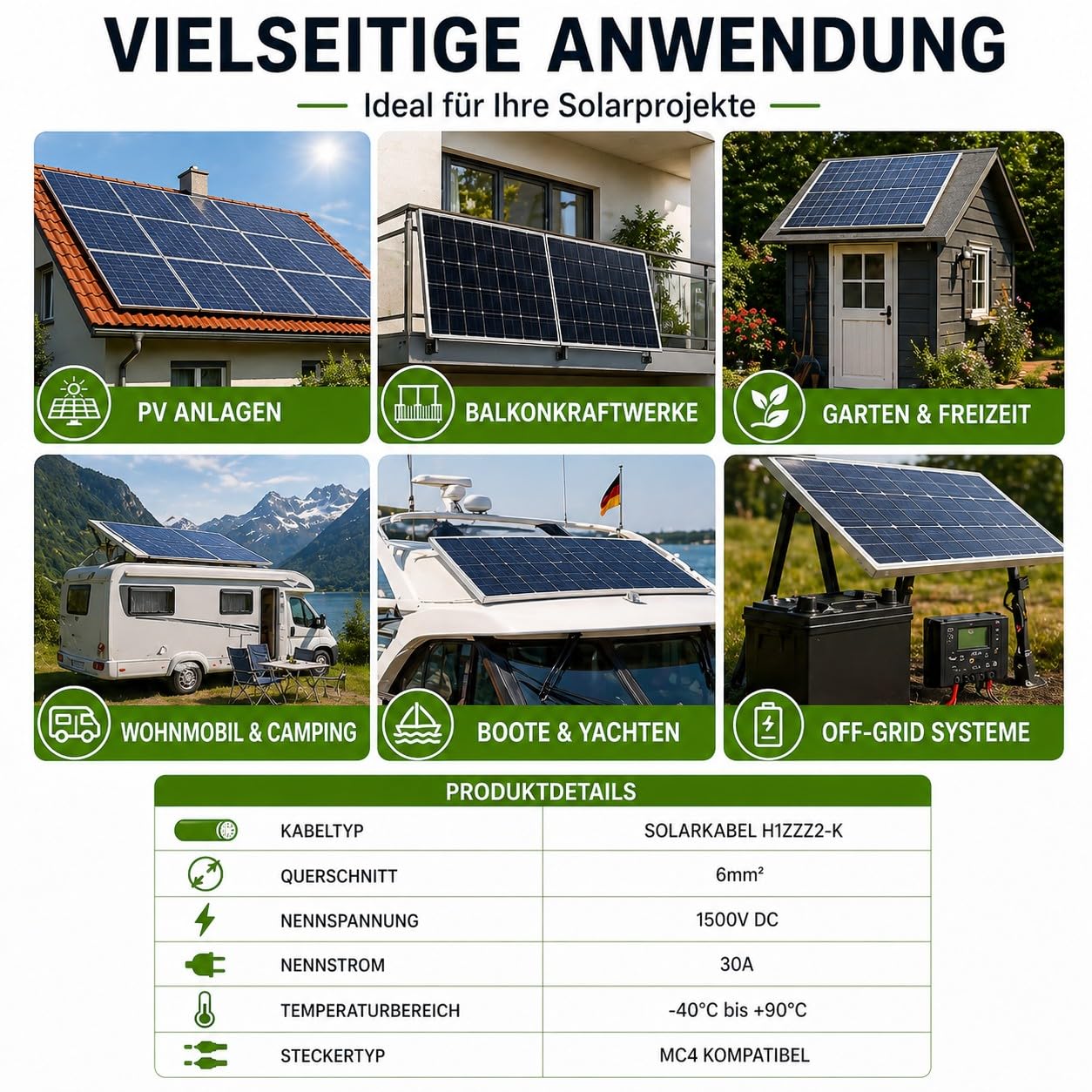 35Fahrenheit Solarkabel 6mm2 PV Kabel 2x15m rot/schwarz Photovoltaik Kabel mit Stecker Solarleitung 6mm2 Balkonkraftwerke
