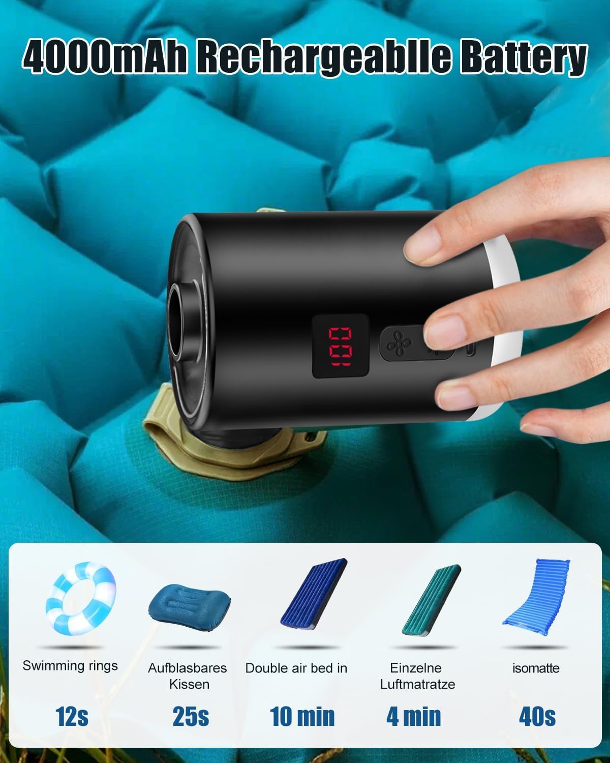 Pompa ad aria elettrica da 4000 mAh, batteria ricaricabile con 3 ugelli, gonfiatore elettrico portatile, con sorgente luminosa, può essere appesa, adatta per piscine gonfiabili per barche, materassi