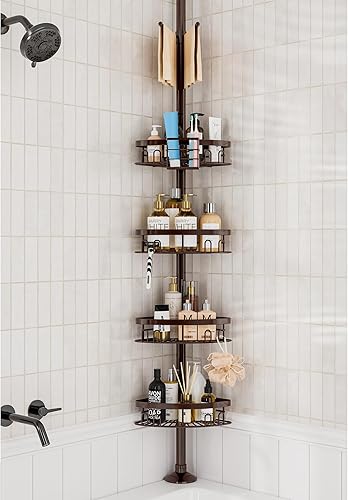 Miniatura 8 de Poste de tensión de esquina a prueba de óxido, 4 cestas grandes para tina, organizador de almacenamiento de champú, estantes de altura ajustable de