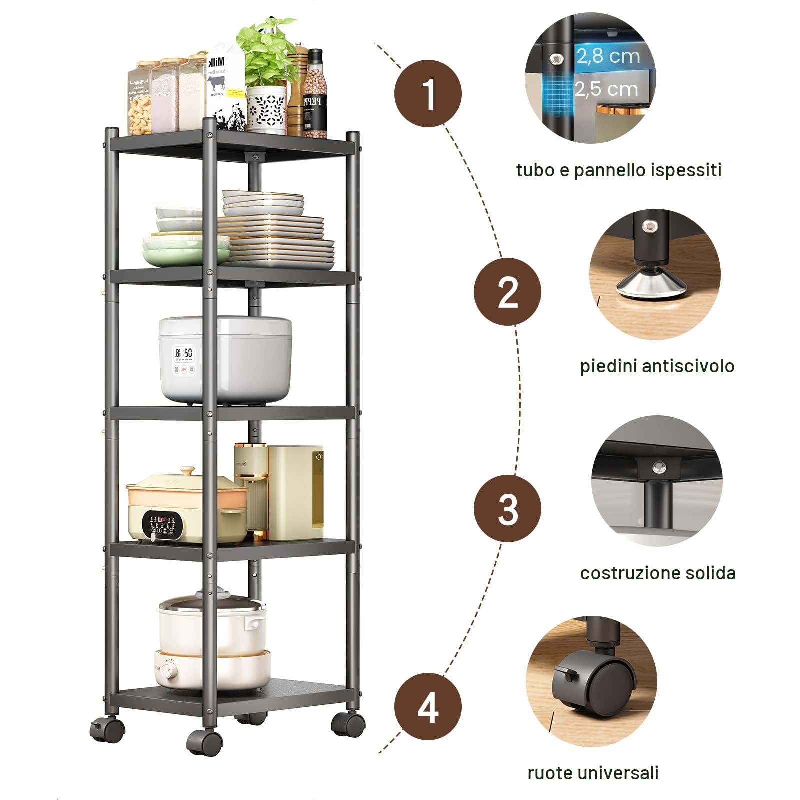 SAYZH Scaffale a 5 ripiani, in metallo resistente, multifunzione, con ruote e piedini antiscivolo, per garage, cucina, ufficio, libreria, angolo, nero