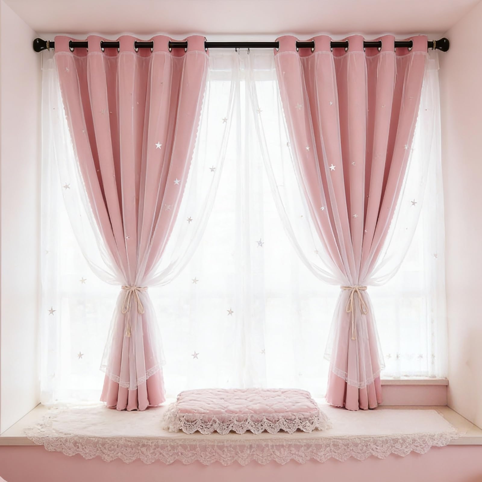 Rideaux de Noël pour chambre enfant rose 110x150 cm occultants avec tulle
