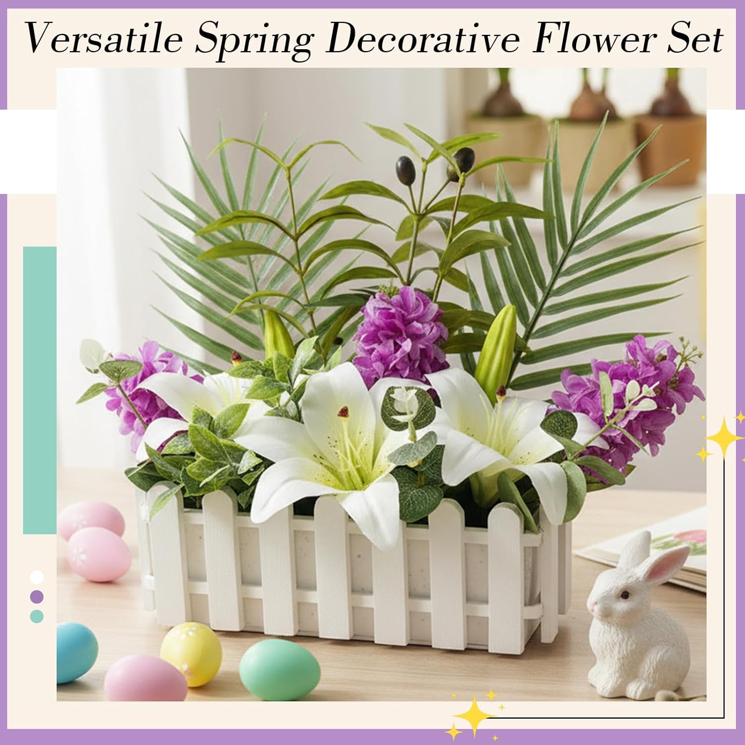 Gerrii Spring Flower Table Centerpieces Artificial Floral Plants in Picket Fence Pot Lily and Hyacinth Fake Flower Arrangement with Palm Leaves Eucalyptus for Living Room Wedding Office Window Table