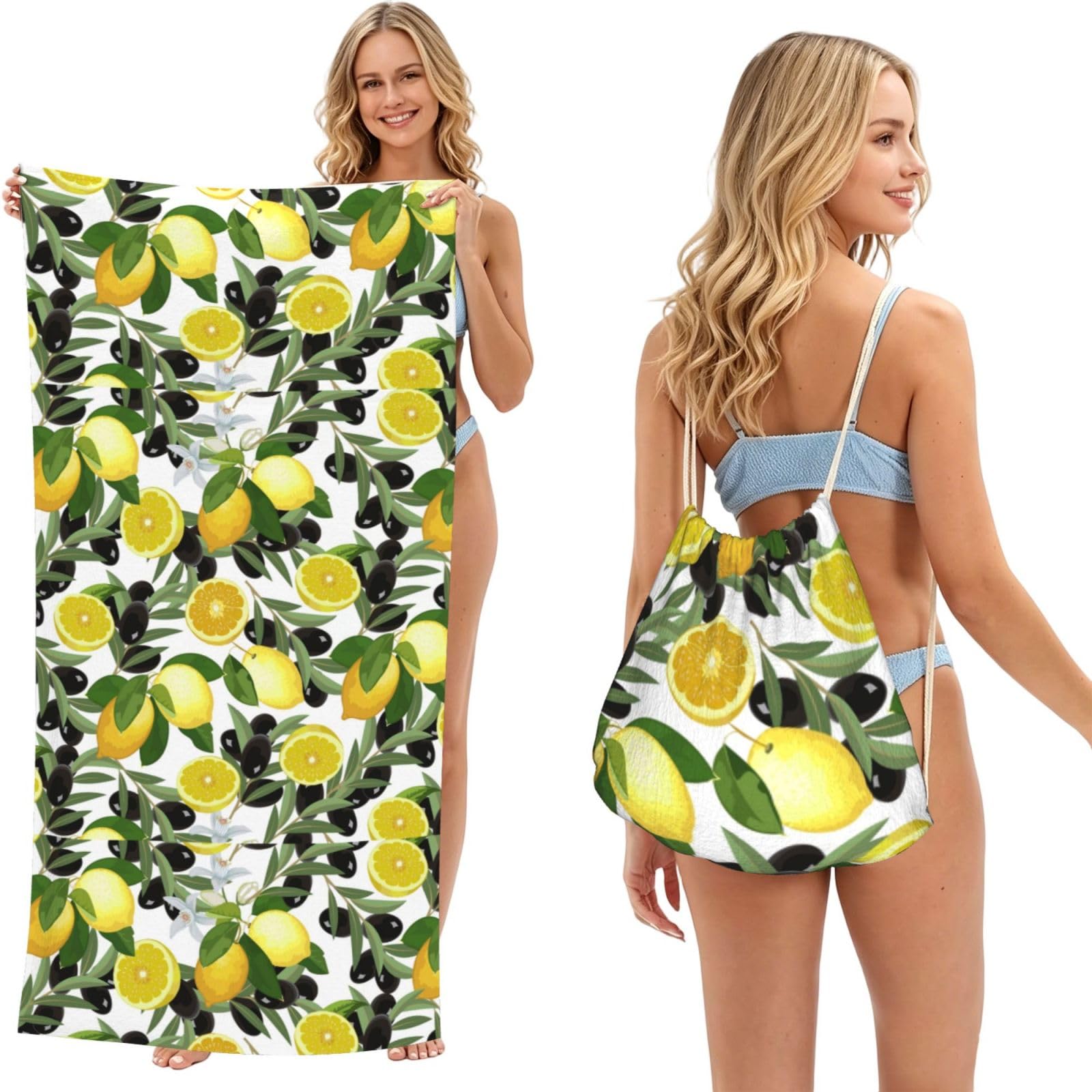 Poadnly Lemon And Olive, 2 in 1 Packable Towel Bag, Beach Towels with Drawstring Backpack for Travel Holiday Camping