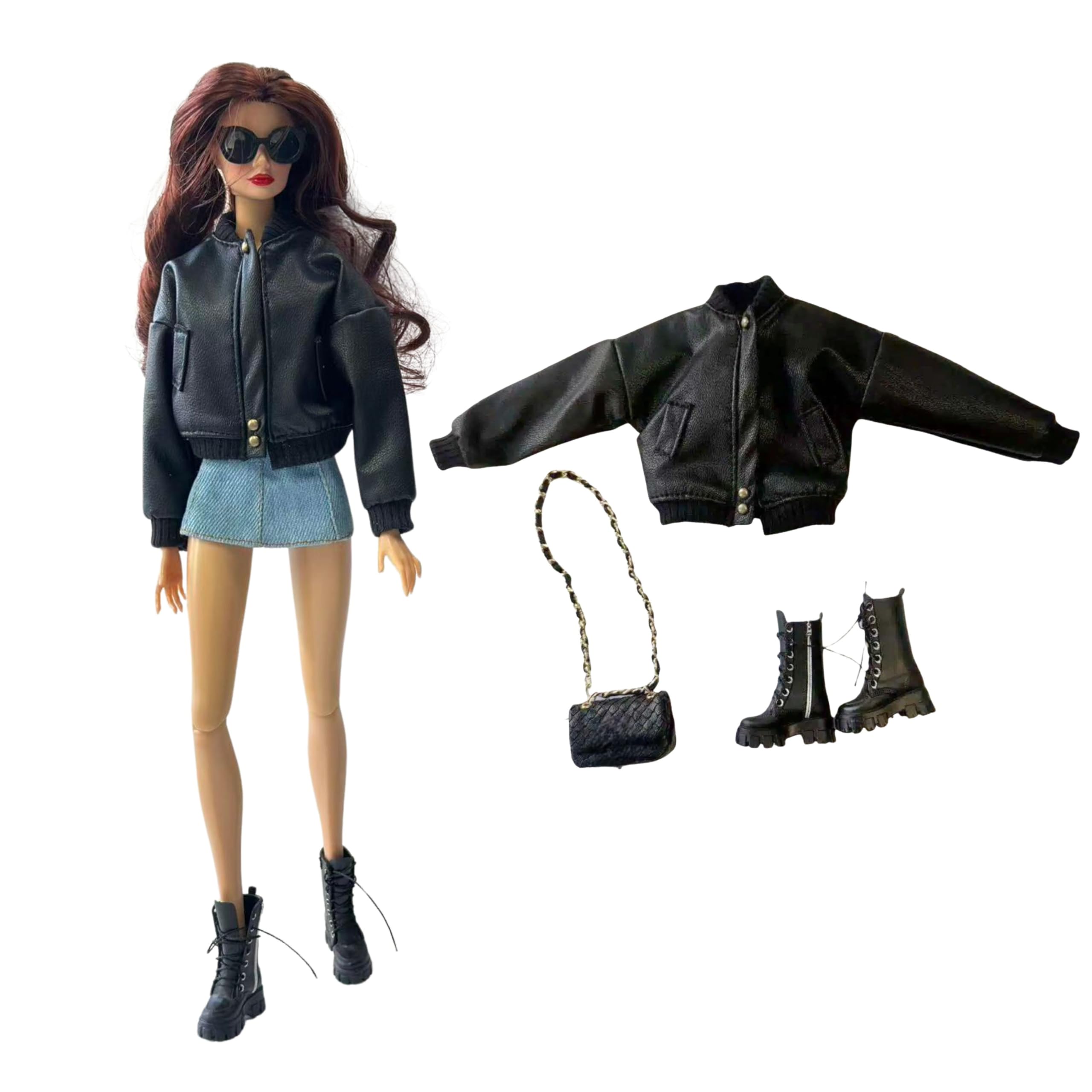 Black Fashion Doll Outfit Set, Bomberjacke mit Kampfstiefeln und Kettentasche für 11,5-12 Zoll Puppen, 1/6 BJD Actionfiguren