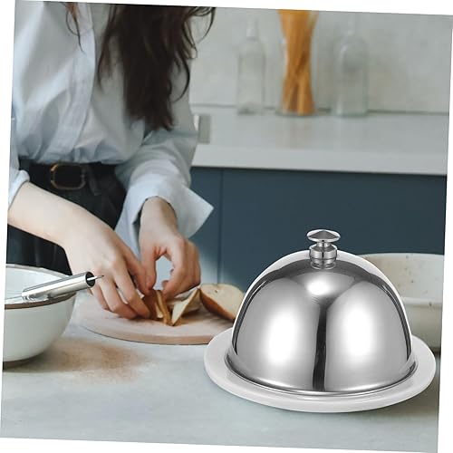 Miniatura 6 de Yardwe Mantequillera de cerámica para carne de acero inoxidable, soporte para cupcakes con tapa, plato de porcelana para servir aperitivos,