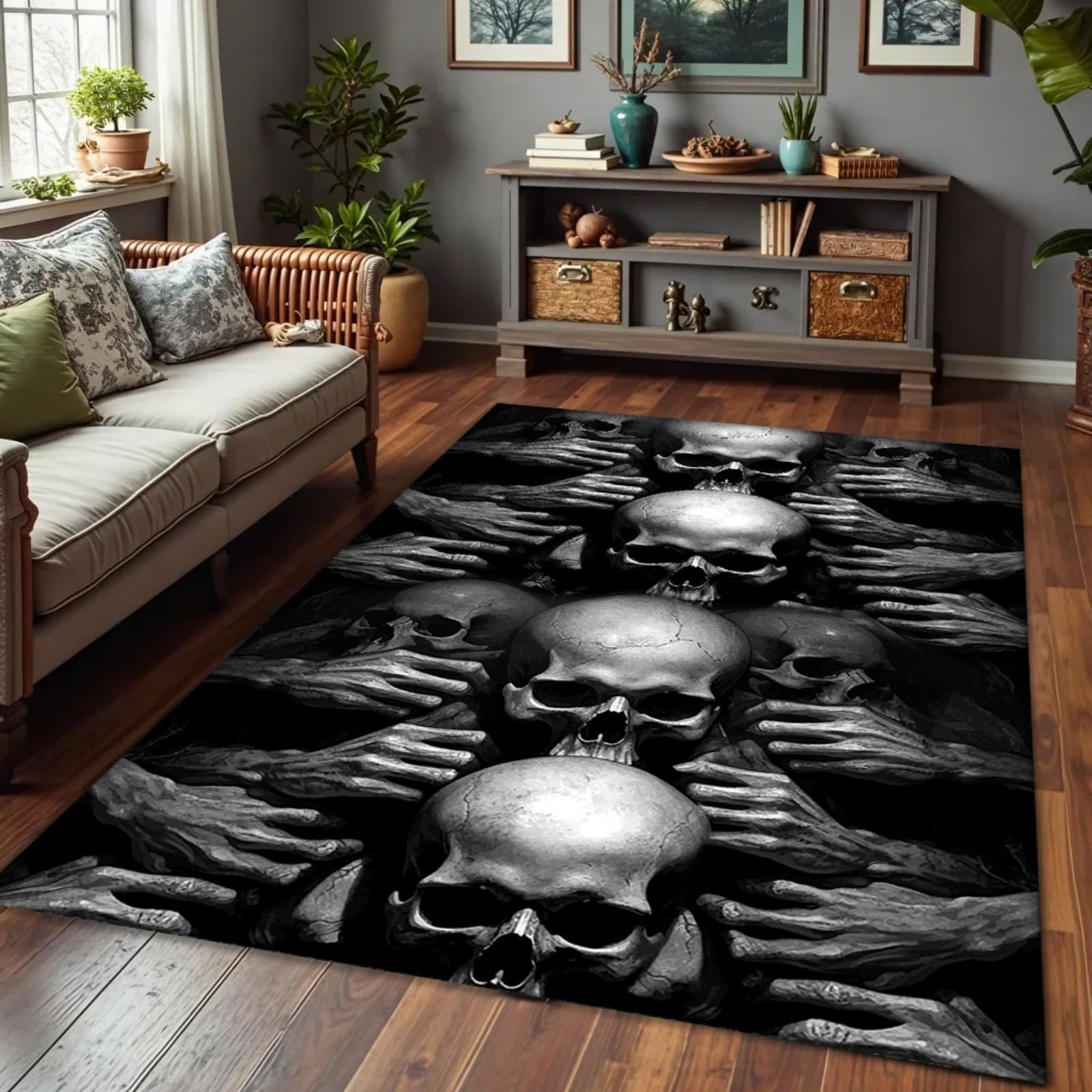 ZLXMN Scary Gothic Skull Hands Area Rug 6x8ft Halloween Decorations Horror Rug,Spooky Holiday Indoor Halloween Door Mat for Front Door Living Room