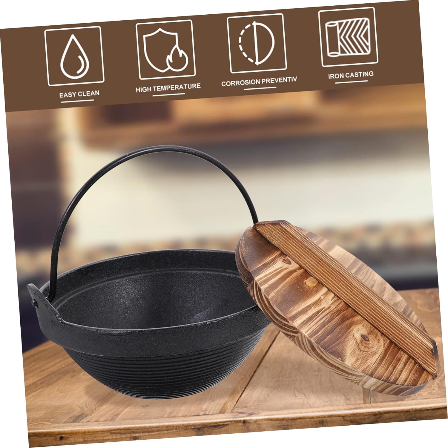 Japanese Style Iron Soup Pot Sturdy Non-stick Hot Pot with Wooden Lid for Camping Outdoor Cooking and Family Gatherings Cast Iron Design