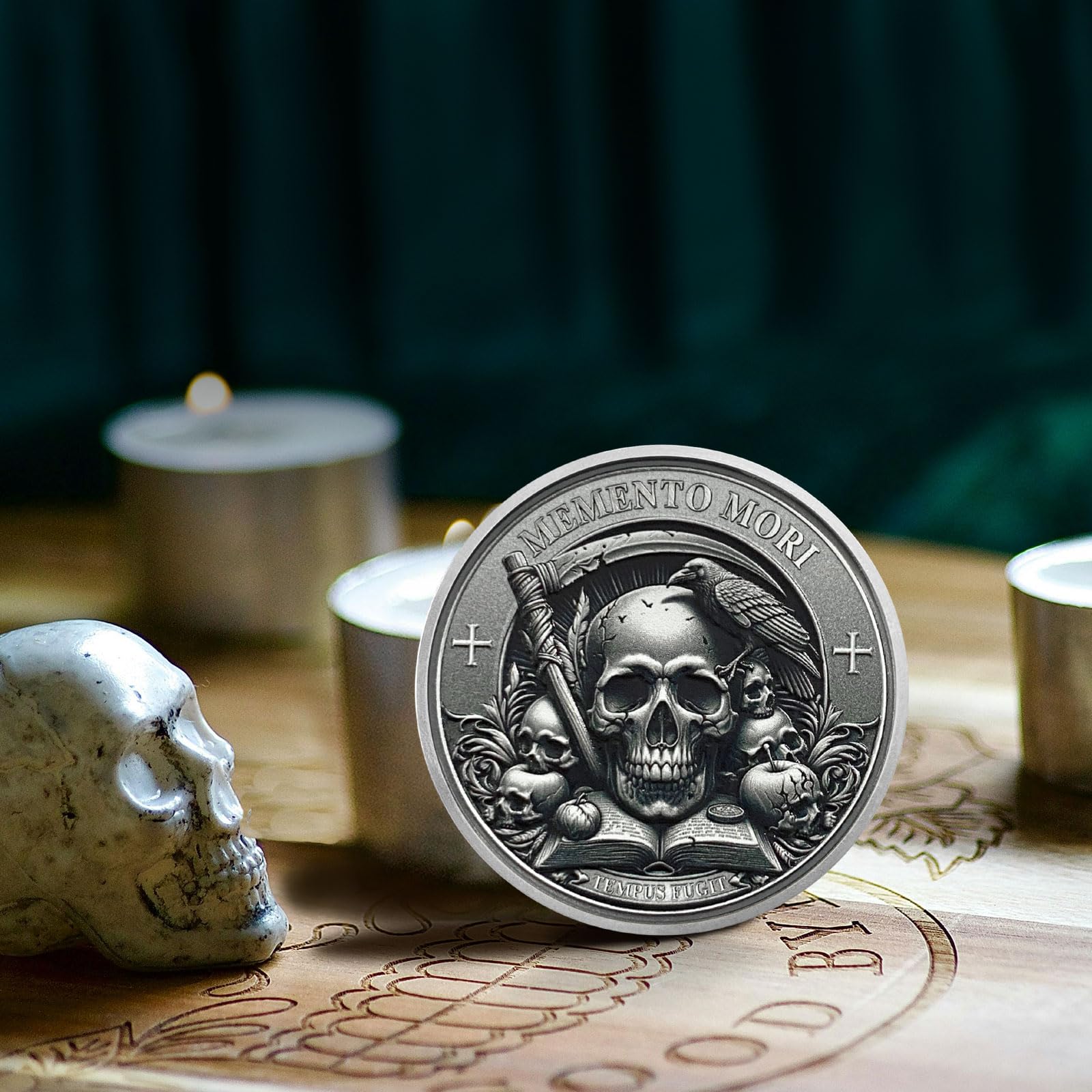 AtSKnSK Moneta Memento Mori TEMPUS FUGIT Moneta Teschio Moneta Sfida Medaglione Corvo Chip Regali Stoici Ricordo per Donne e Uomini