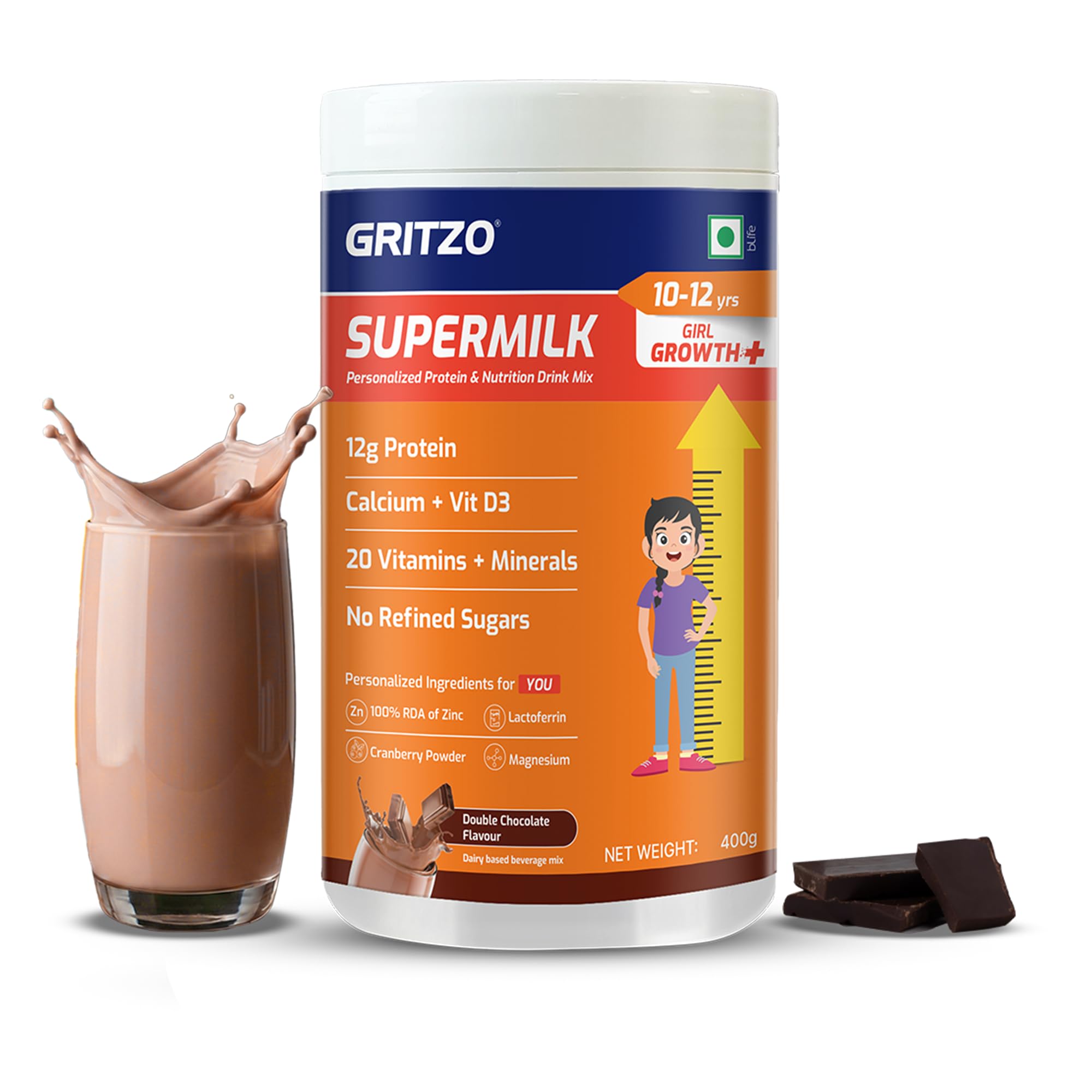 Gritzo SuperMilk Growth+ 10-12y Girl, Double Chocolate, 400g - Image 1