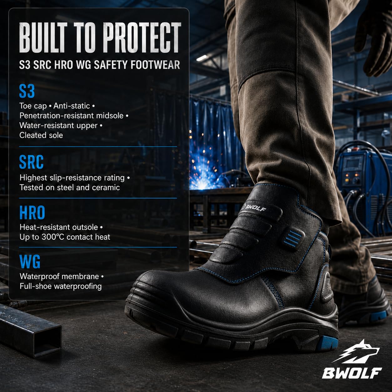 BWOLF Welder Pro HI S3 - Scarpe da lavoro resistenti al fuoco, suola antiscivolo in PU/gomma, pelle resistente al calore