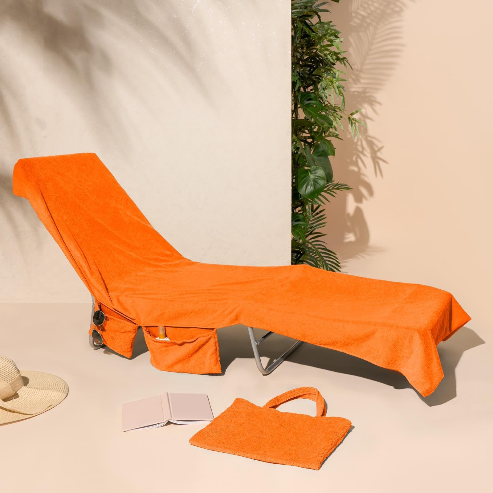 Brentfords Sun Lounger Towels with Pockets, Microfibre Large Beach Towel in a Bag Sun Lounger Holiday Accessories Swimming Pool Quick Dry Travel Towels Summer Holiday Essentials - 215x75cm, Orange โ image 1