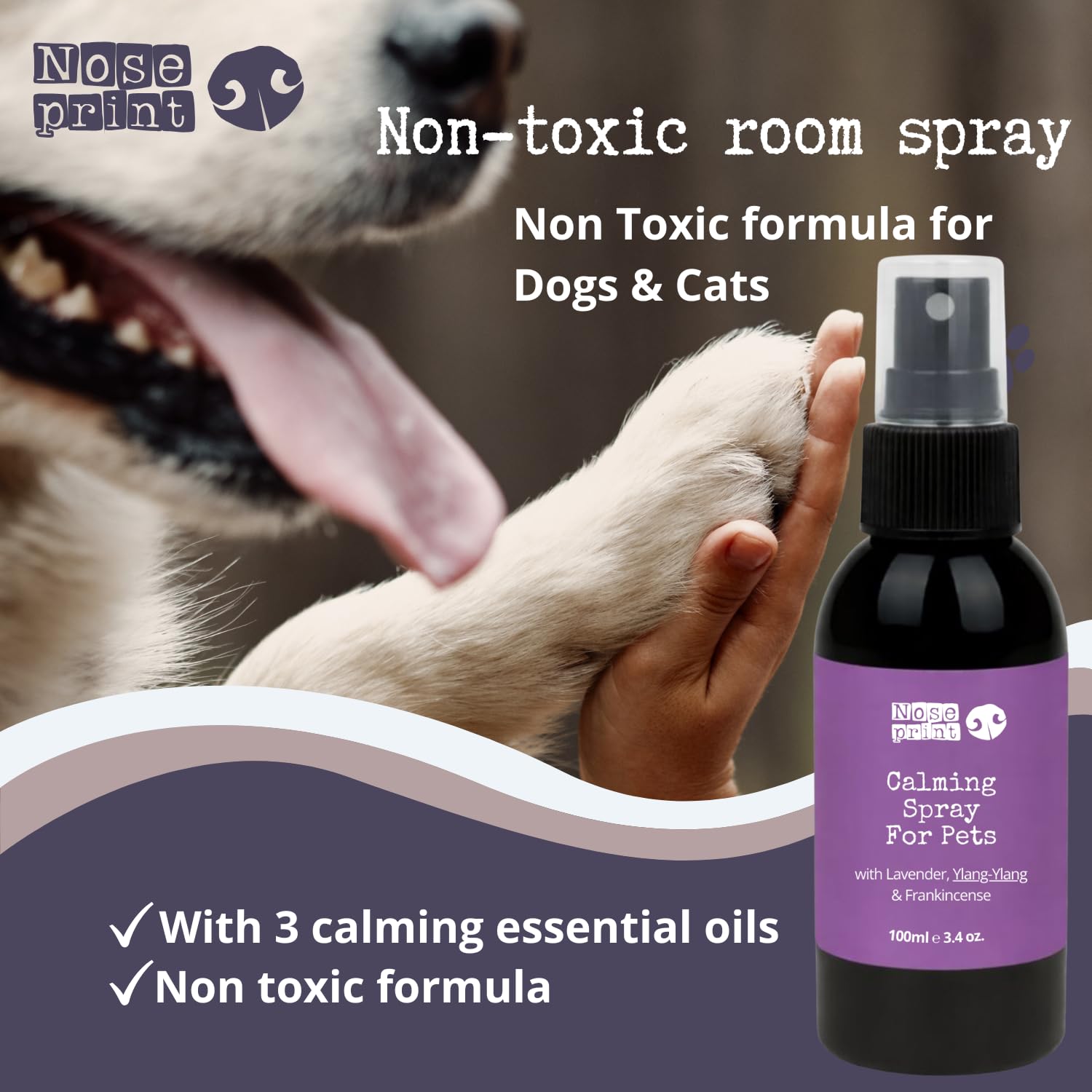 Spray apaisant naturel pour chiens et chats, lavande ylang-ylang, encens, spray d'intérieur sans danger pour les animaux de compagnie, 100 ml