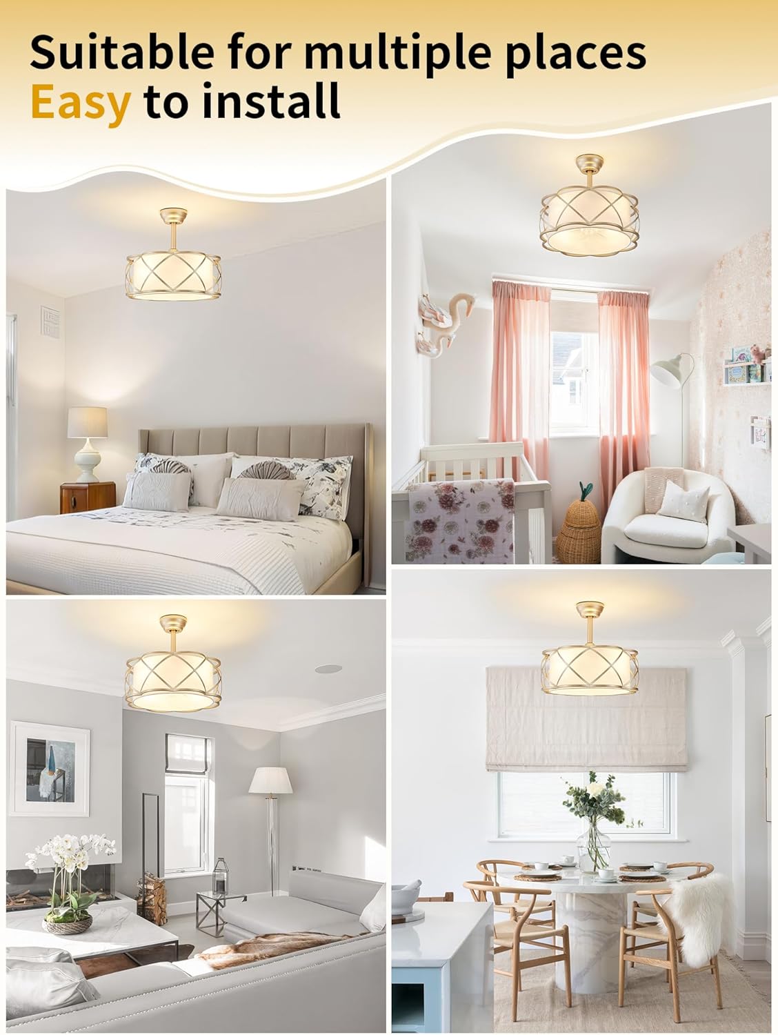 20" Fandelier Ceiling Fans with Lights, Caged Bladeless Ceiling Fan with Light Remote Control, Mid-Century Modern with 6 Speeds for Bedroom, Nursery, Living Room, Gold