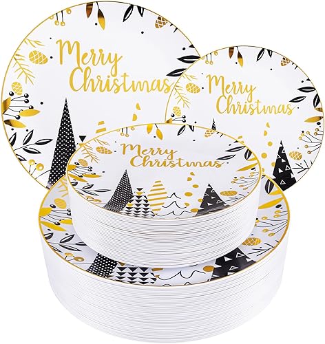 Miniatura 8 de WDF 50 platos de plástico de Navidad, platos de plástico rojo y blanco con árbol de Navidad que incluyen 25 platos llanos, 25 platos de ensalada,