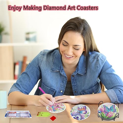 Miniatura 10 de Posavasos de pintura de diamantes, 8 piezas de posavasos con soporte, arte de diamantes para manualidades de bricolaje para adultos y niños (gato