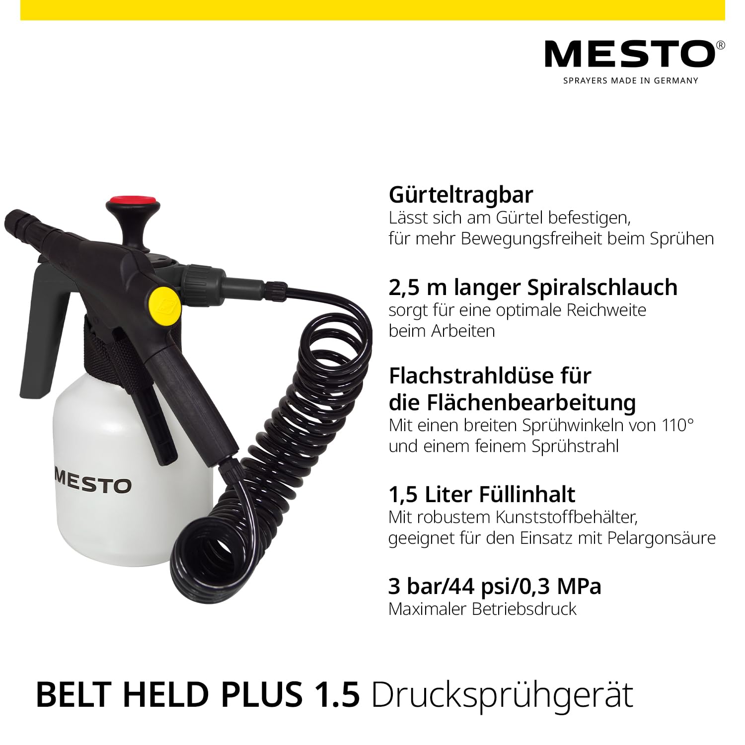 MESTO Belt HELD Plus 1,5 Pulverizadores de 1,5 l, botella de pulverización para bomba, 3 bar, botella de spray portátil industrial, pulverizador de ácido, limpiadores y desinfección, pulverizador de