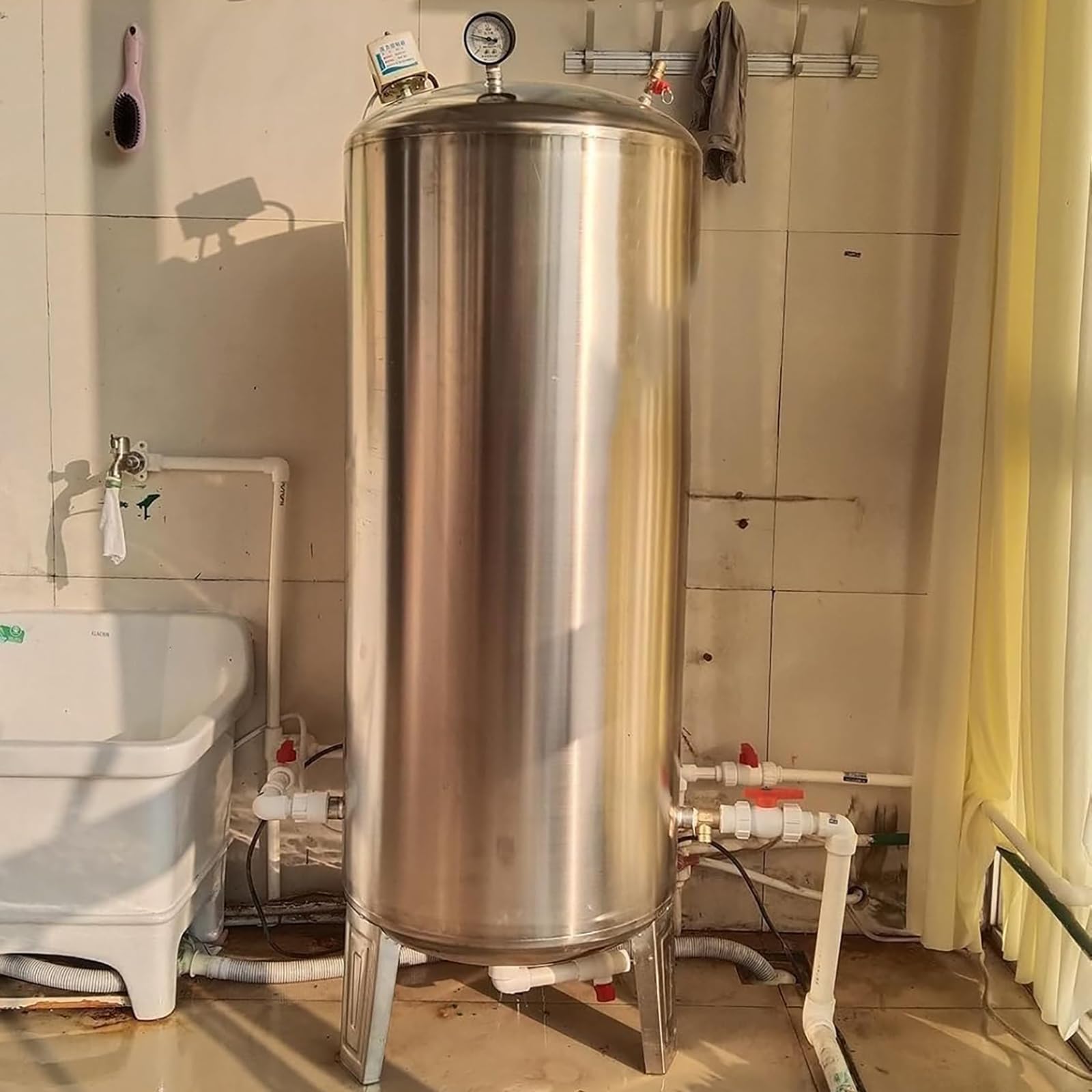 Zbiornik ciśnieniowy, 250 l/66 gal srebrna stal nierdzewna, w pełni automatyczny zbiornik do przechowywania wody pod ciśnieniem, pionowy pęcherz do przechowywania wody z zestawem montażowym