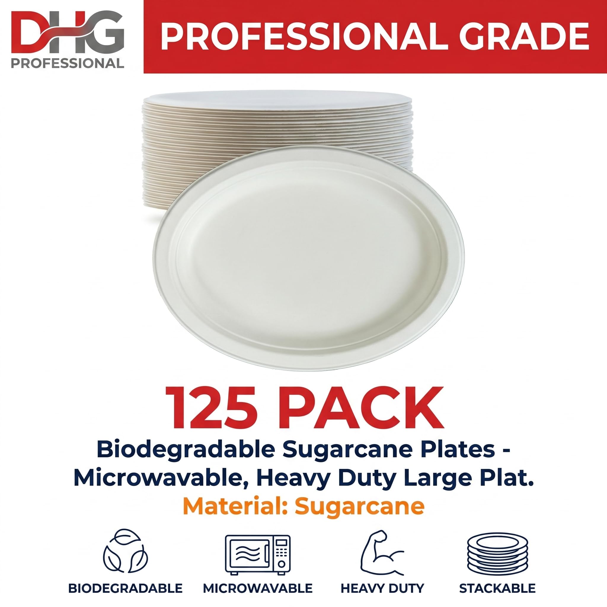 Paquete de 125 platos ovalados biodegradables de caña de azúcar, platos grandes resistentes para microondas (10 x 8 pulgadas)
