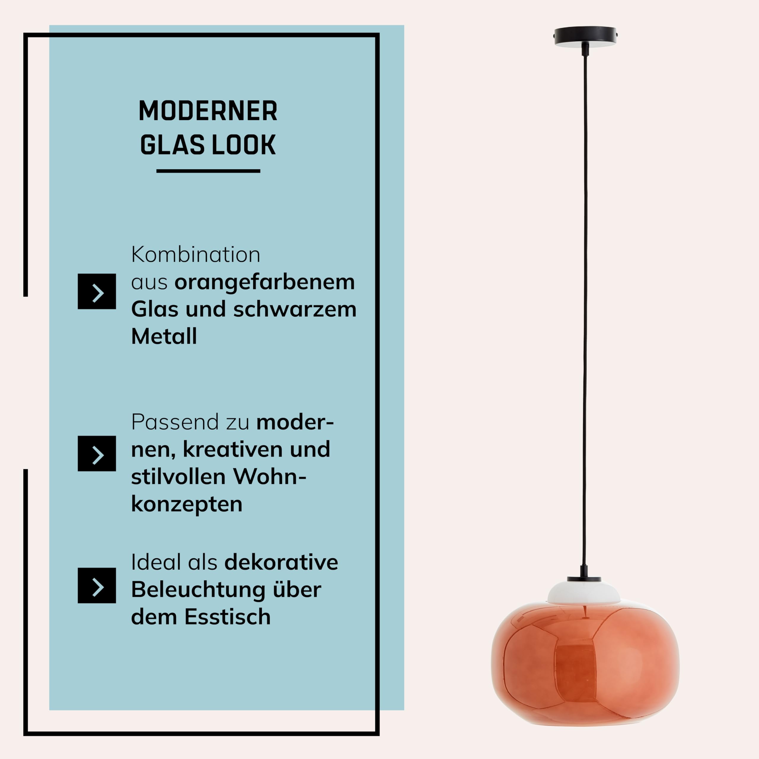 Lightbox Hängelampe Glas orange - mundgeblasene Pendelleuchte höhenverstellbar Ø 30 cm - Retro Esstisch Lampe mit Textilkabel - E27 (max .60 W), exkl. LED