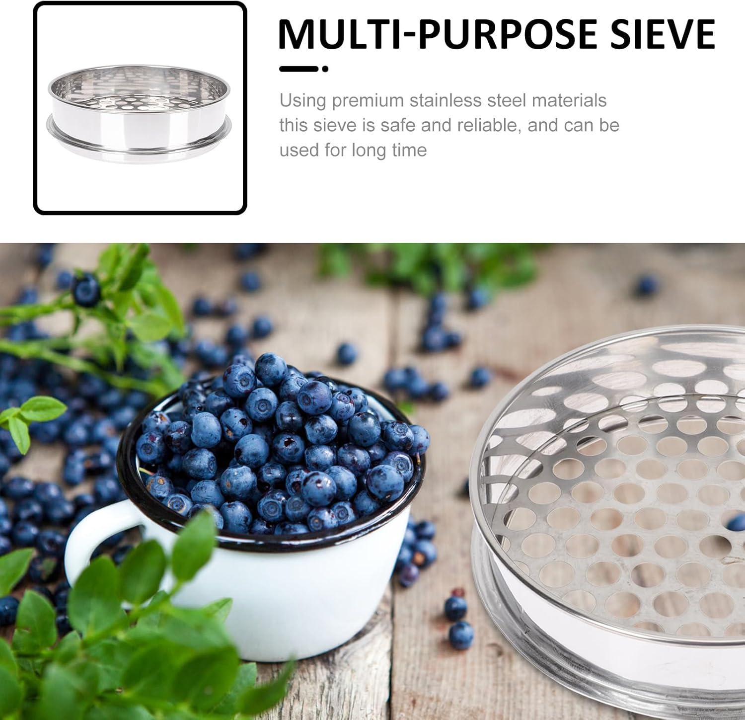 Round Hole Sieve,8.06x8.06x2.16inch Sieve Strainer Stainless Steel Blueberry for for Home Kitchen Fruit Vegetable Cakes Garden Planting