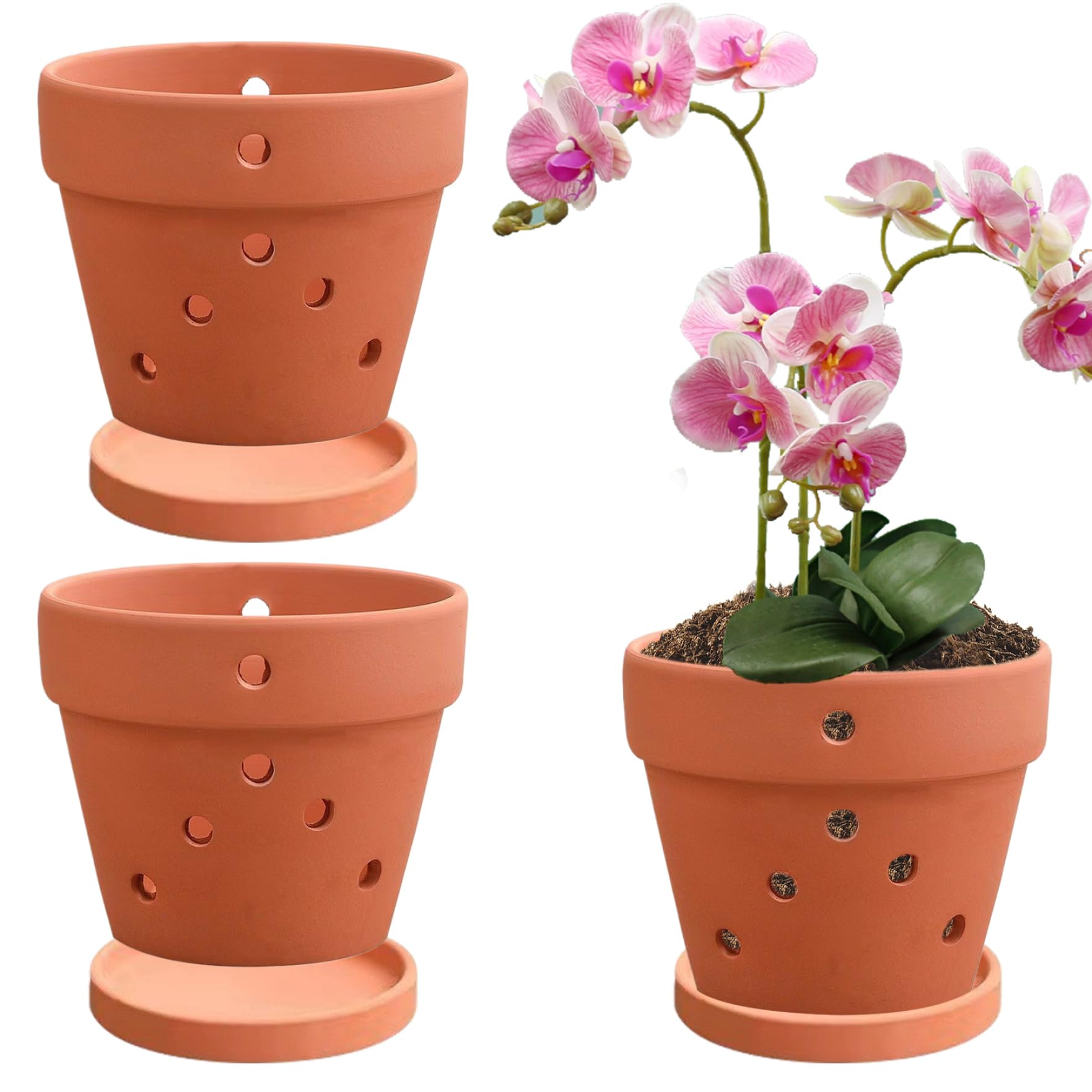 Ollas de orquídeas con agujeros, 3 piezas de 5 pulgadas Terracotta Orquídea de orquídea con agujeros y platillos, macetas de orquídea de arcilla para reaparición, maceta de orquídea de terracota pequ