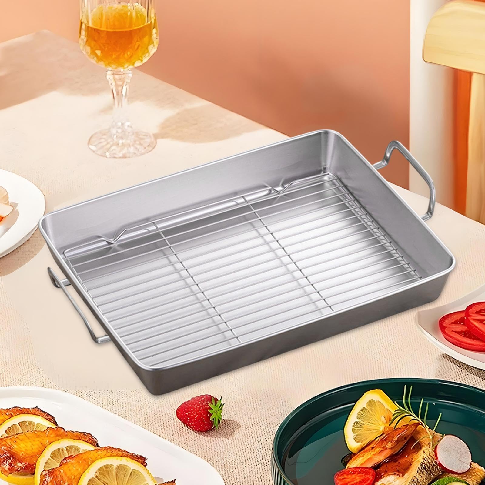 Bandeja para Asar con Rejilla Desmontable, Placa Rectangular Antiadherente, Asas de Fácil Agarre, Acero Inoxidable para Hornear, tal como se describe, Longitud 41.5 Cm