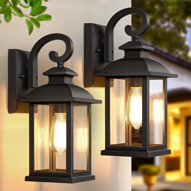 Outdoor Wall Sconce Lights 2-Pack, Anti-Rust Aluminum Outdoor Porch Lights Wall Mount, Black Exterior Lighting Fixtures with Tempered Glass, 15" Medium Coach Lights for Garage House