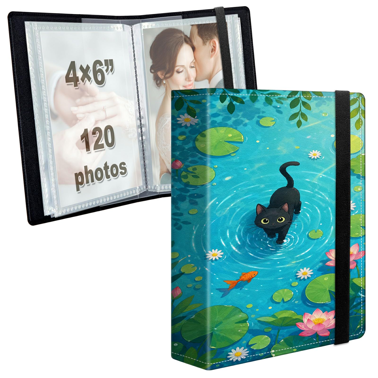 Photo Album 4x6 120 Photos with Strong Elastic Band, Pond Cat Garden