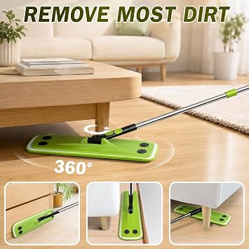 Green Flat Mop, 16-Inch Dry Mop with Long Handle for Floor Cleaning