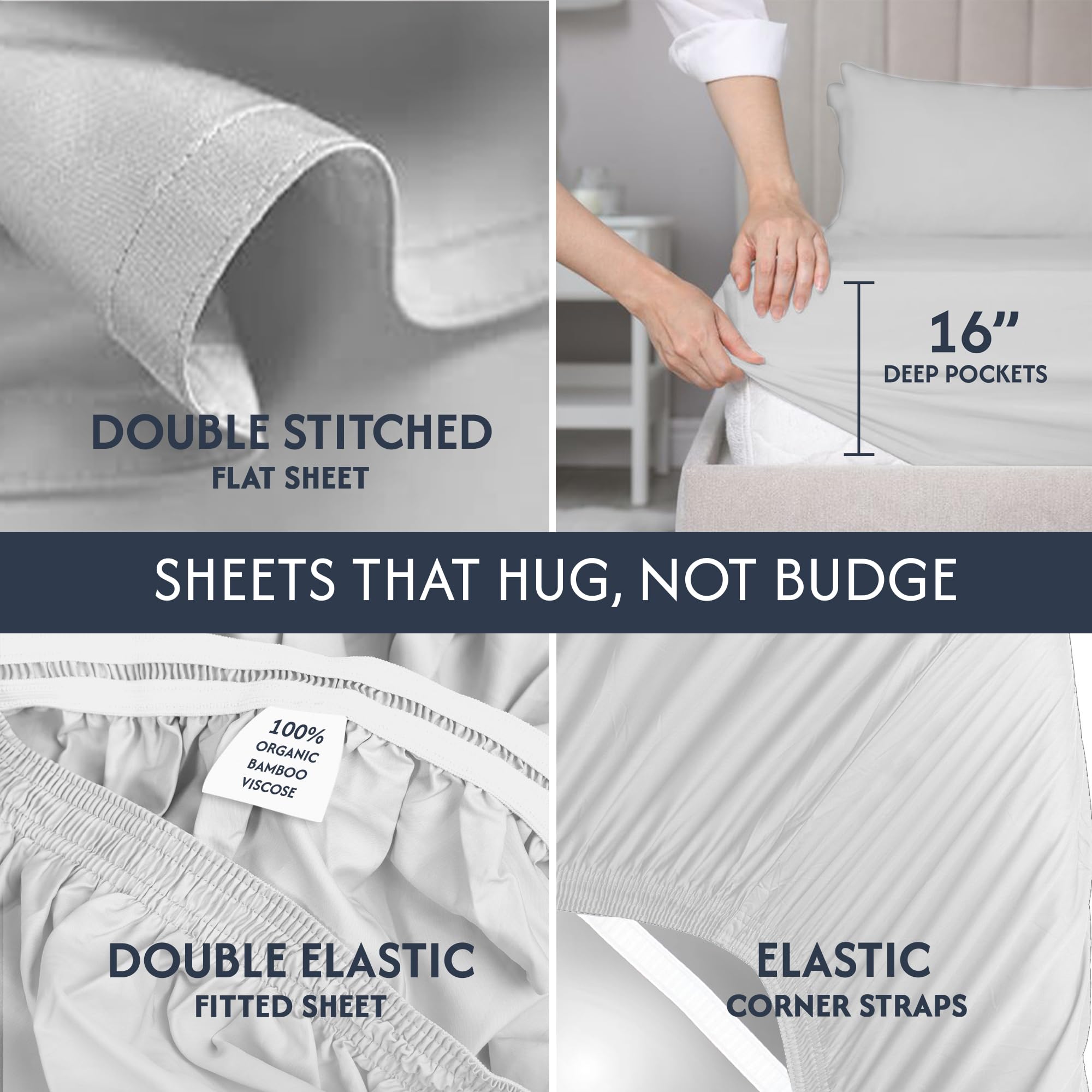 100% Organic Viscose Derived from Bamboo Queen Sheet Set - The Only Sheets with 100% Pure Viscose & No Blend - Luxuriously Soft, Breathable & Naturally Cooling - Ideal for Sensitive Skin - Light Grey