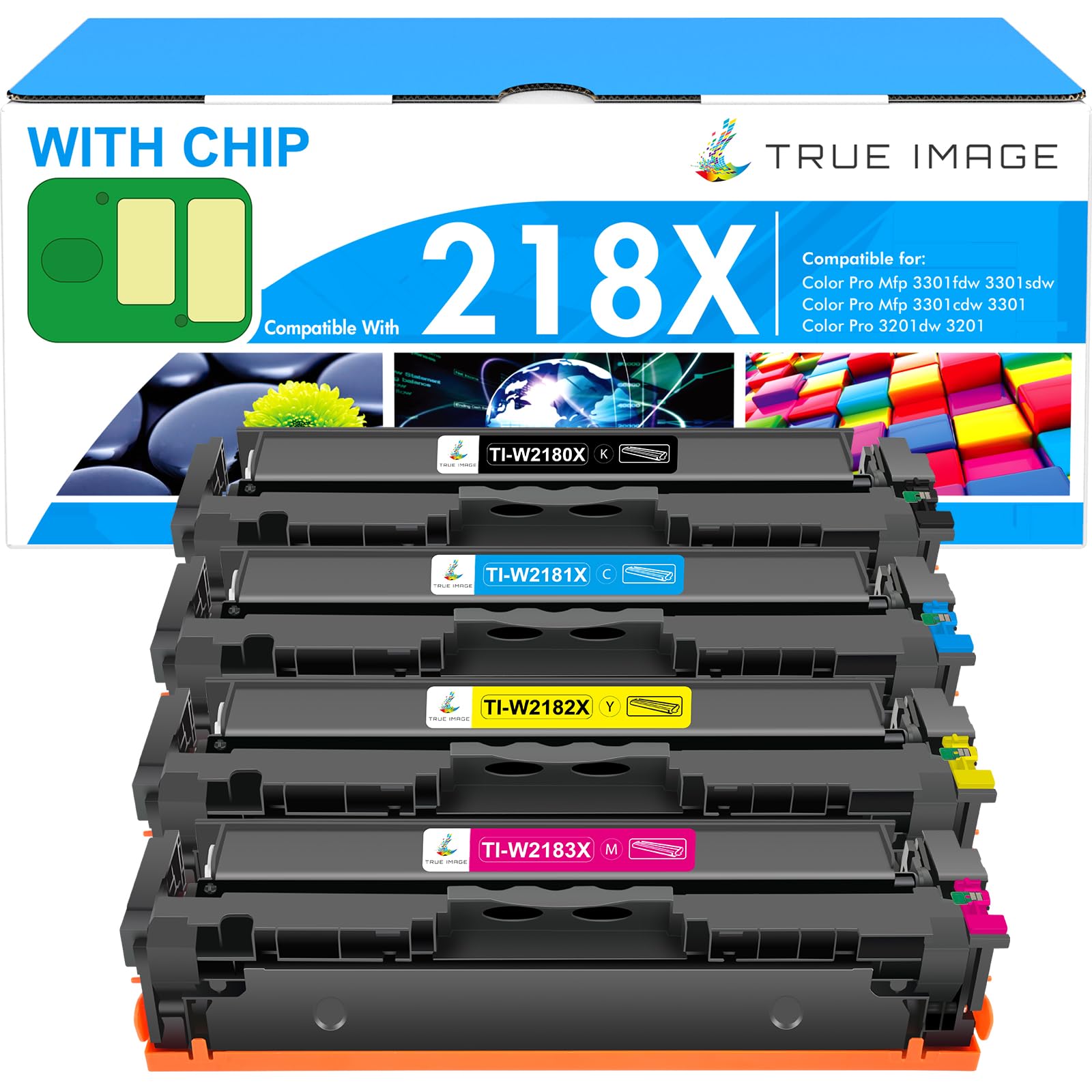 Photo 1 of 218X Toner Cartridges 4 Pack 218A 3301sdw 3301fdw 3301 Compatible Replacement for HP 218 Color LaserJet Pro MFP 3301fdw 3301cdw 3201dw 3201 Printer High Yield Ink Set W2180X with Chip (B/C/Y/M)