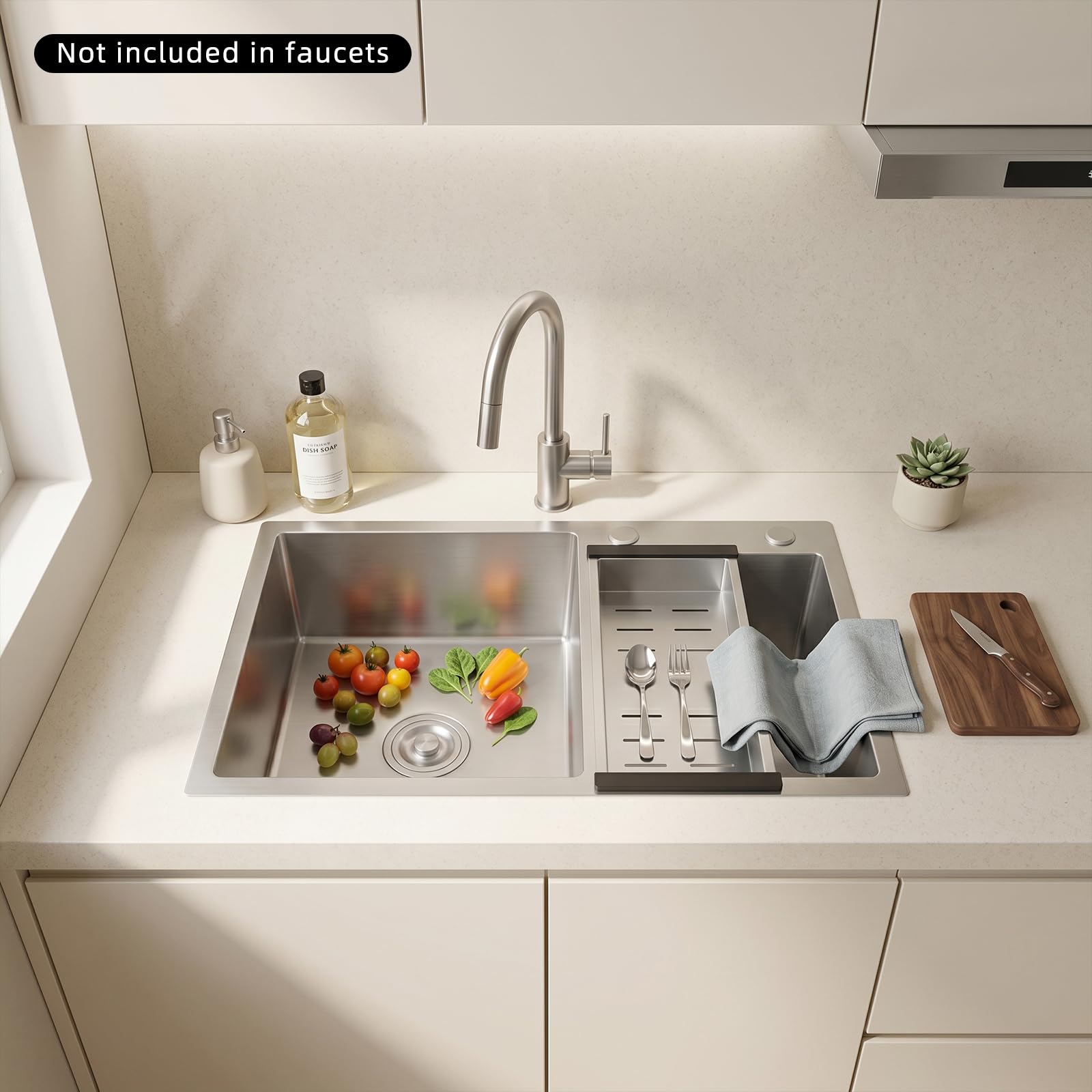 Doppio lavello 201, lavello da cucina in acciaio inox, lavello da incasso, 78 x 43 x 21 cm, rettangolare, con cestello sgocciolatoio, filtro per rifiuti, dispositivo di scarico, lavello da cucina a 2