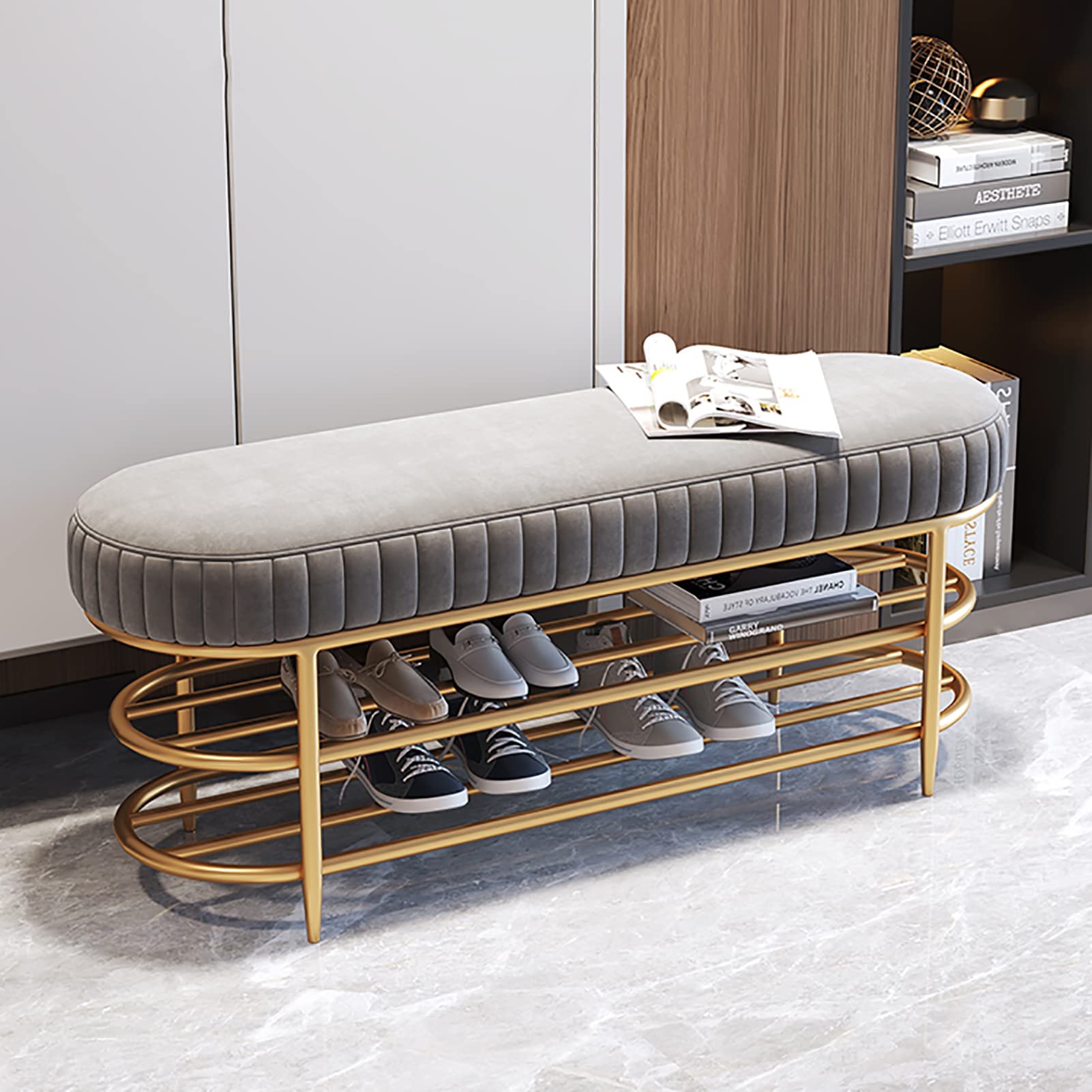Banc de rangement avec étagère à chaussures en velours gris 80 cm
