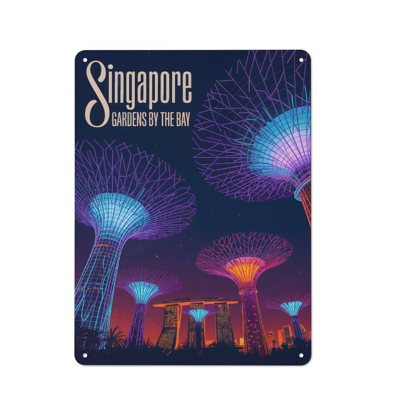 Junmoney Style Singapore Gardens By The Bay Illustration(2) Retro Metal Wall Decor 40X30cm, Vintage Metal Sign For Cafe, Pub, Workshop Or Home Bar