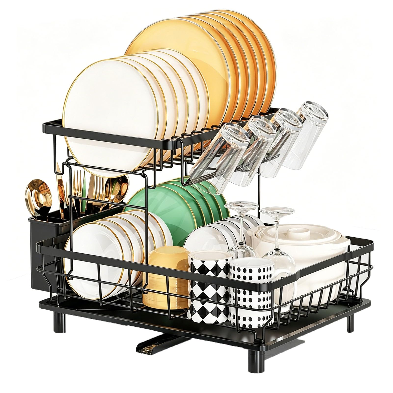 Tbatm One Color Kitchen Dish Drying Rack With Drainage System, 2 Tier Detachable Dish Rack For Countertop, Multifunctional Dish Drainer With Utensil Holder