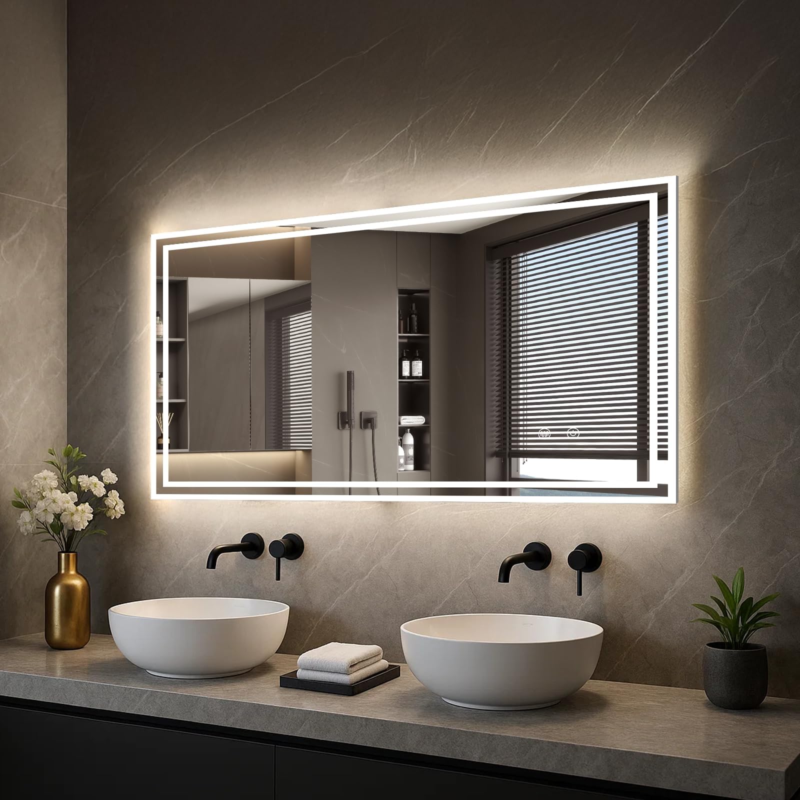 CROWNSHOP LED Bathroom Mirror 100x60cm with Touch Sensor Demister, Waterproof IP54, 5mm Explosion-Proof Glass, Detachable Plug, Memory Function, Horizontal/Vertical Wall-Mount (100x60cm) — image 1