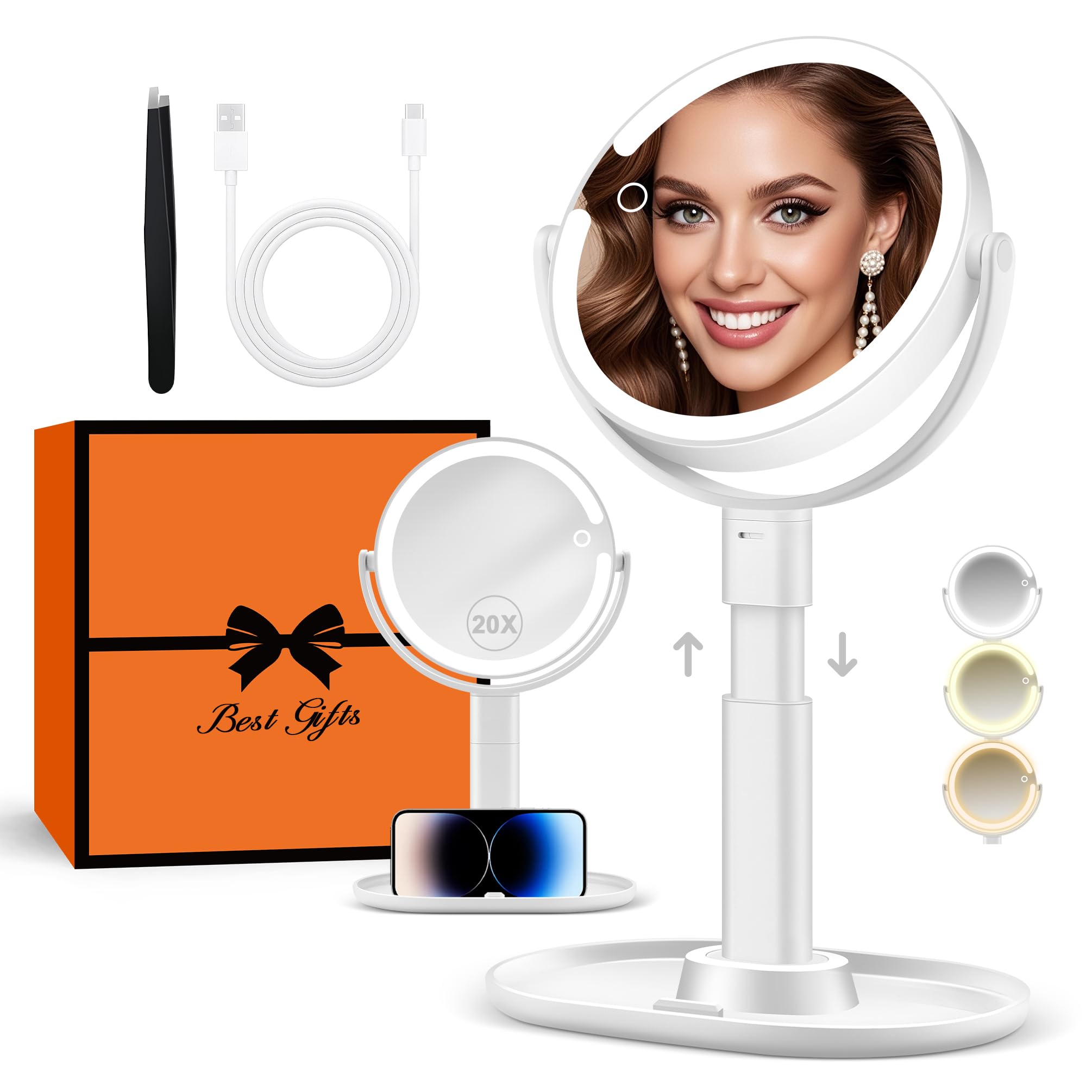 B Beauty Planet Makeup Mirror with Lights, Lighted Magnifying Mirror 20X with 3 Lighting and Adjustable Brightness, 2-Sided Height Adjustable Vanity Mirror for Bathroom, Gifts for Women White