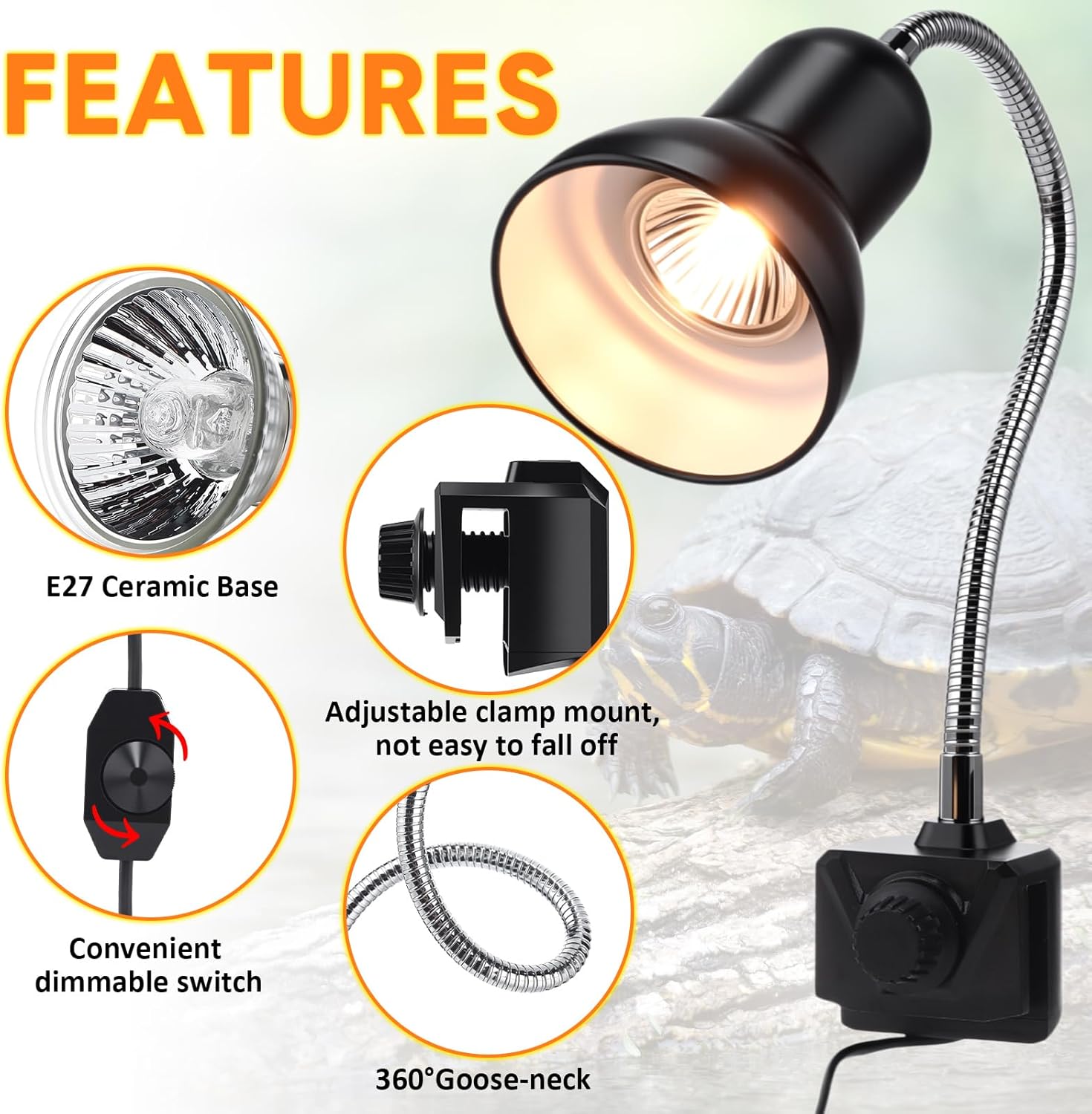 Tuanse 3 Set Reptile Heat Lamp Turtle Light Uvb Uva Adjustable Basking Light for Aquatic Turtle with 360° Swivel Clip 50w Full Spectrum Sun Sunbathe Heat Bulb for Aquarium Tank Reptile Snake Amphibian