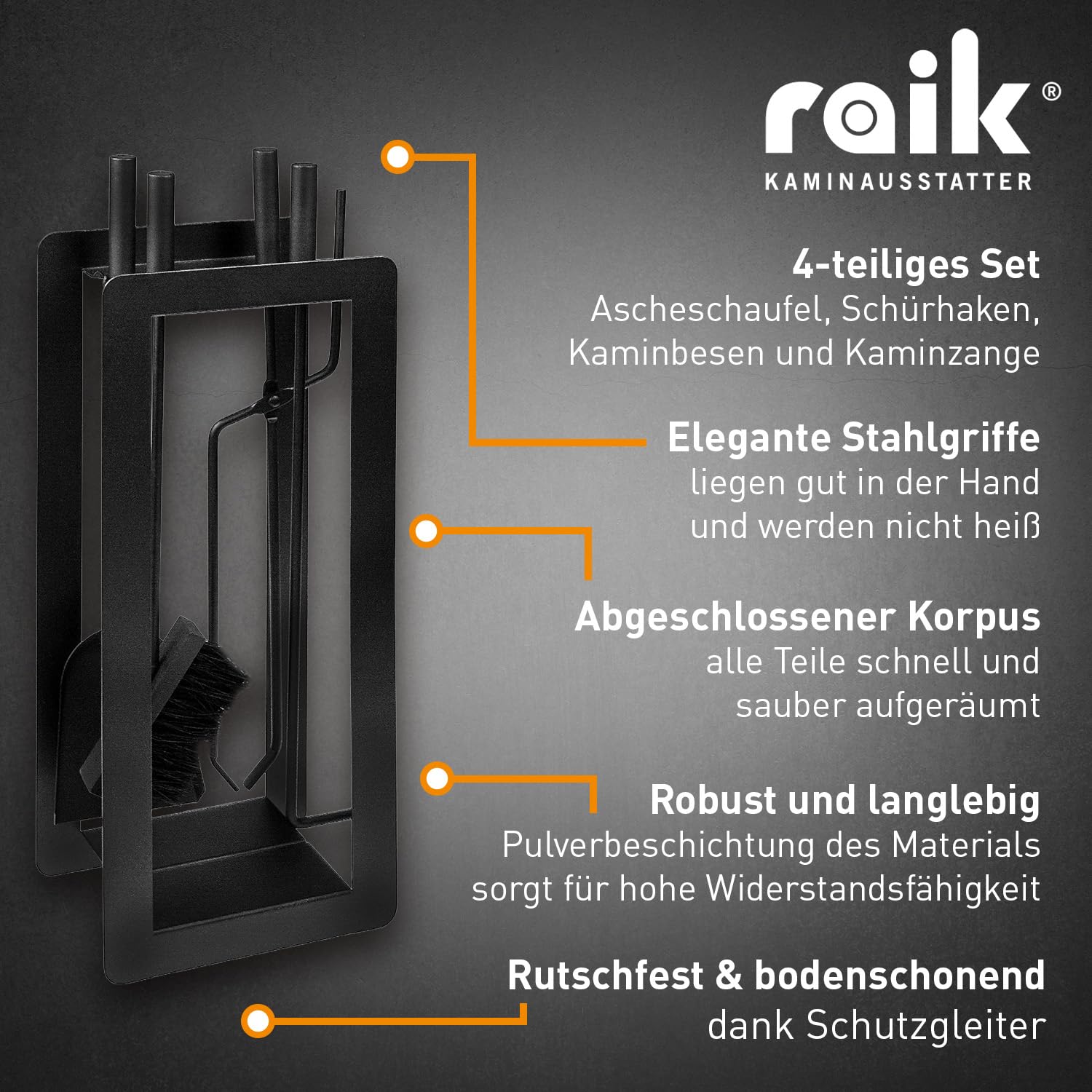 raik Kaminbesteck Theodor 4-teilig schwarz Stahl mit Schaufel Besen Schürhaken und Zange im modernen Designständer für Kaminofen und Kamineinsatz