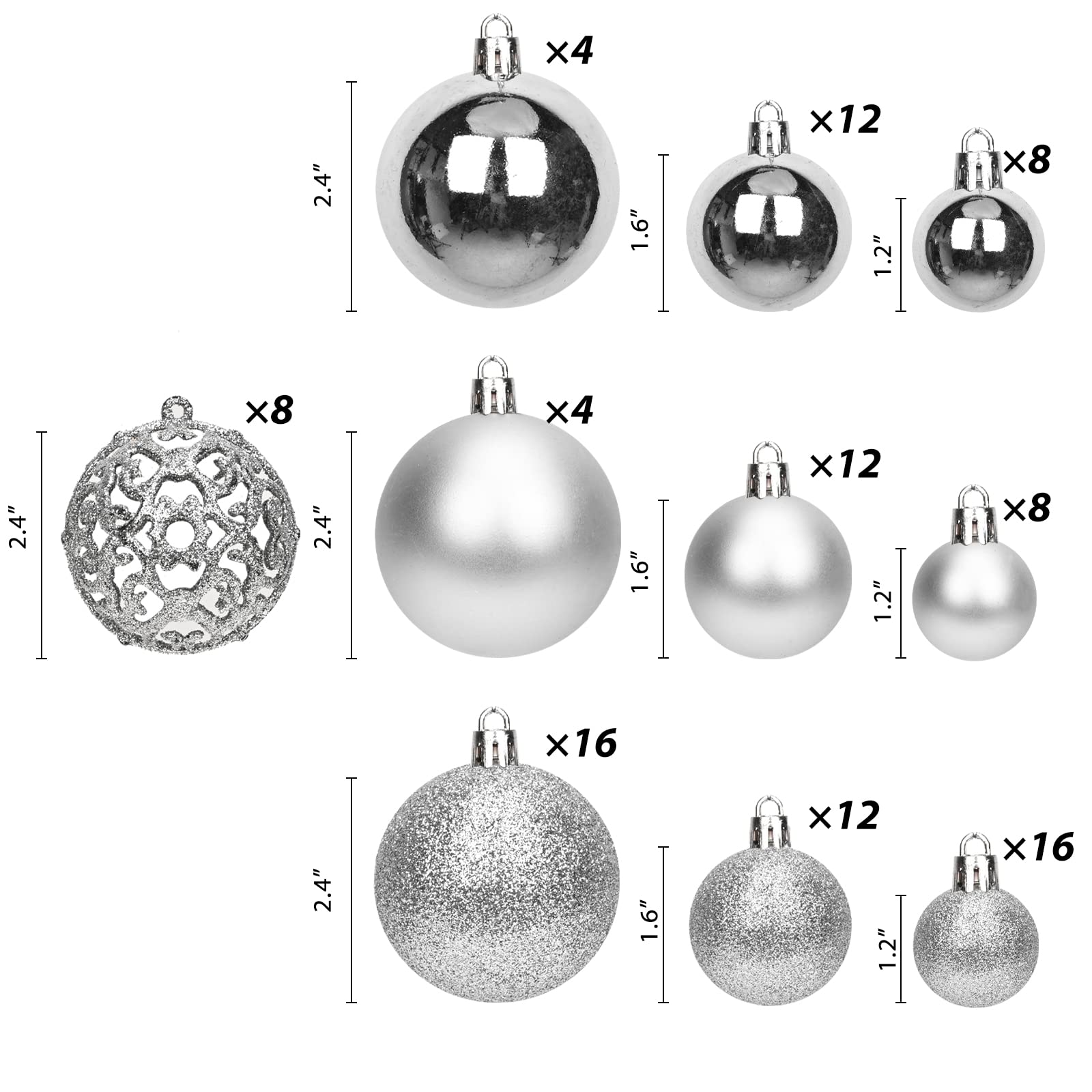 100 bolas para árbol de Navidad, adornos plateados para árbol de Navidad, decoraciones colgantes inastillables para árbol de Navidad