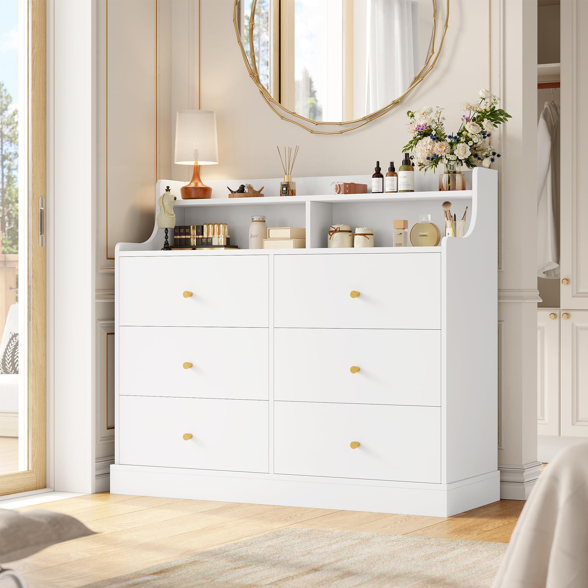 Amazon.com: FINETONES 6 Drawer Dresser, White Dresser Double Dresser with  Shelves, White and Gold Dresser, Wide Chest of Drawers, Dressers & Chests  of Drawers, Large Wooden Storage White Dresser for Living Room :