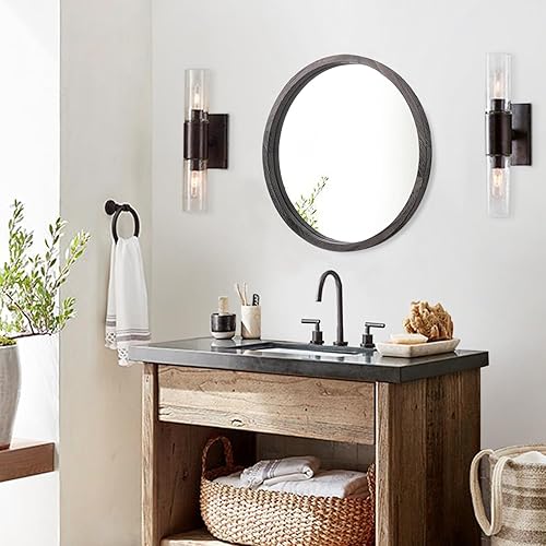 Miniatura 4 de Espejo circular de pared redondo para baño, espejo de tocador marrón oscuro, pequeño círculo decorativo para pared, marco de madera, espejo de