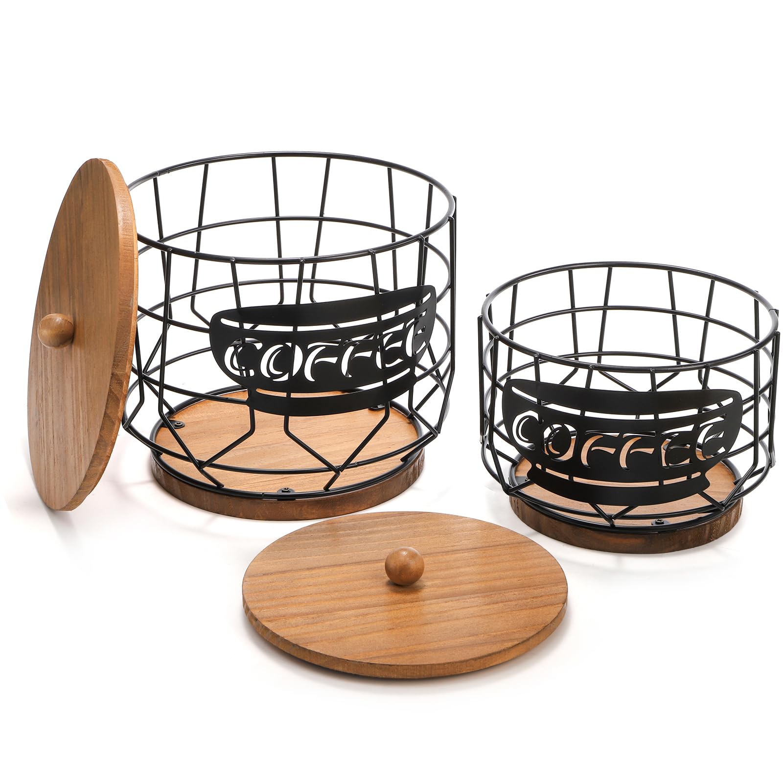 yarlung Set of 2 Coffee Pod Holder with Lid, Large Capacity K Cup Holder with Rustic Wooden Base, Black Wire Coffee Storage Basket for Filters Capsules, Cafe Bar Organizer