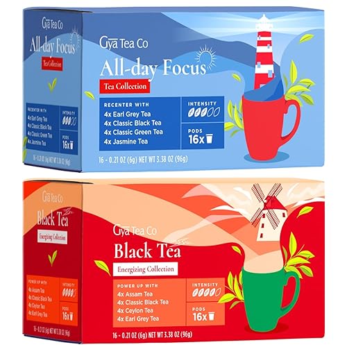 Gya Tea Co All Day Focus K Cups Paquete variado de cápsulas de té y té negro K Cups para Keurig 2.0 y 1.0