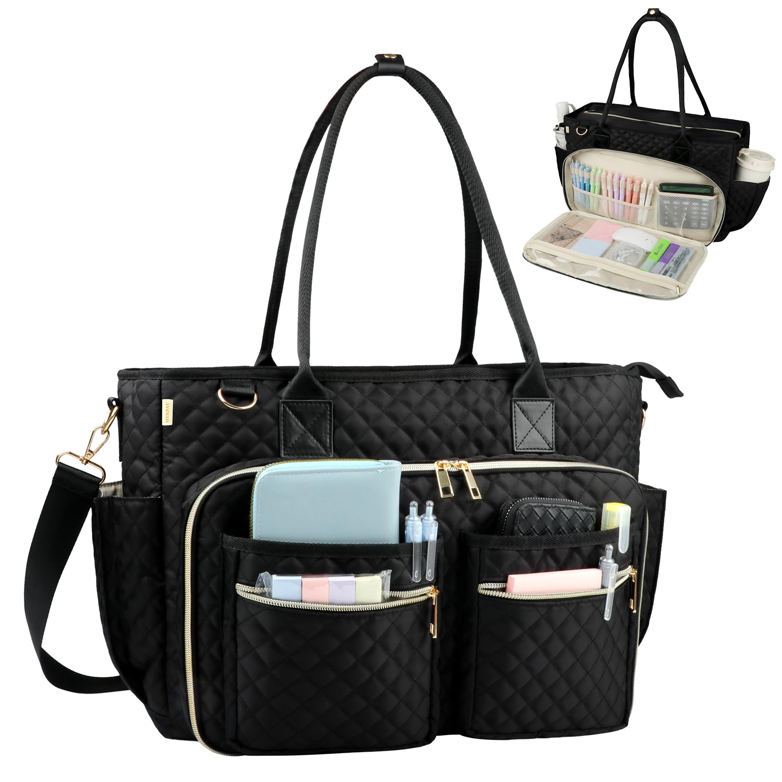 SIYNPAV Teacher Tote Bag with 15.6 inch Laptop Compartment, Large Work Tote Bag with Insulated Pocket, Quilted Nylon Teacher Utility Bag with Shoulder