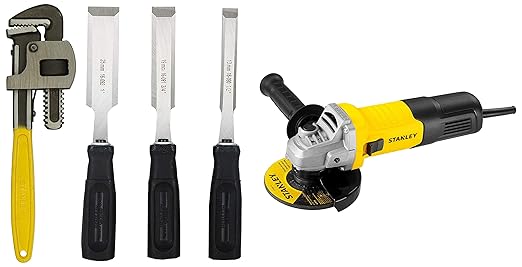 STANLEY IN Small Angle Grinder For Medium Duty Applications 900W 100mm, 1 Year Warranty (Yellow & Black) & 12''/300mm Stilson Type Pipe Wrench & 16-089 Wood Chisel Set 3Pcs