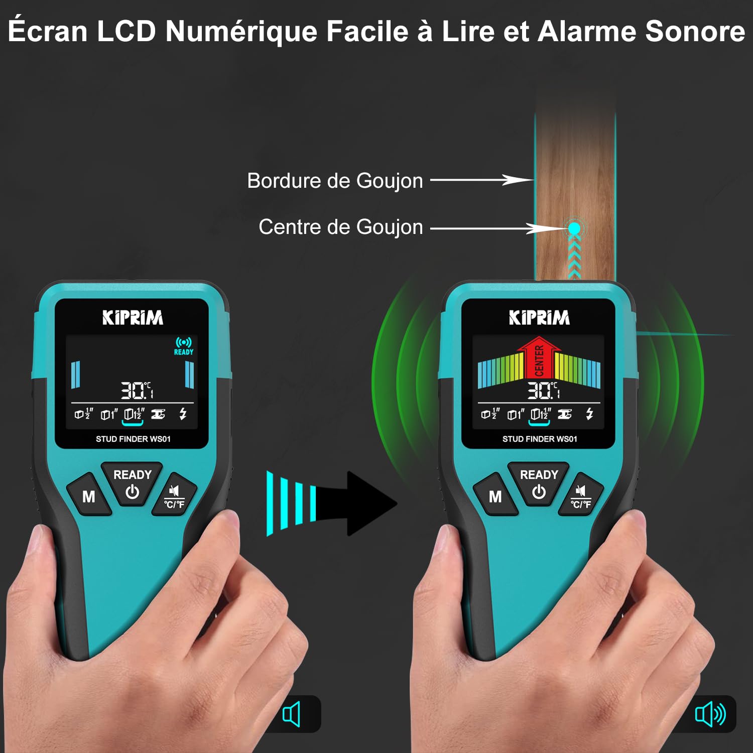 Détecteur de Montants Kiprim avec Écran LCD, Détecteur Électronique 5 en 1 pour Bois, Métal, Détection de Fils sous Tension, 3 Modes de Profondeur, Alerte Sonore, Scanneur Mural WS01